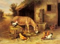 A Donkey And Chickens Outside A Stable farm animals Edgar Hunt